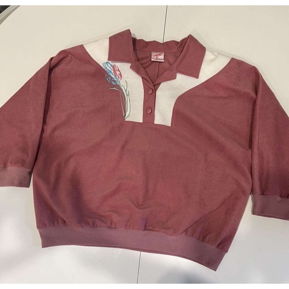Vintage Embroidered Top Blouse 80s G.W. Graff Women’s L Pink Flower Velour